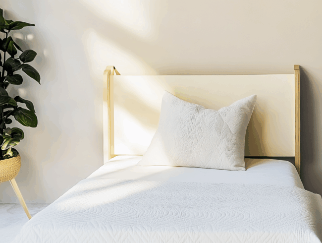 Ein ordentlich gemachtes Einzelbett mit einem weißen, strukturierten Kissen und einer Decke steht vor einer hellen Wand. Sonnenlicht strömt herein, und eine grüne Topfpflanze steht neben dem Bett und schafft eine helle und minimalistische Atmosphäre.