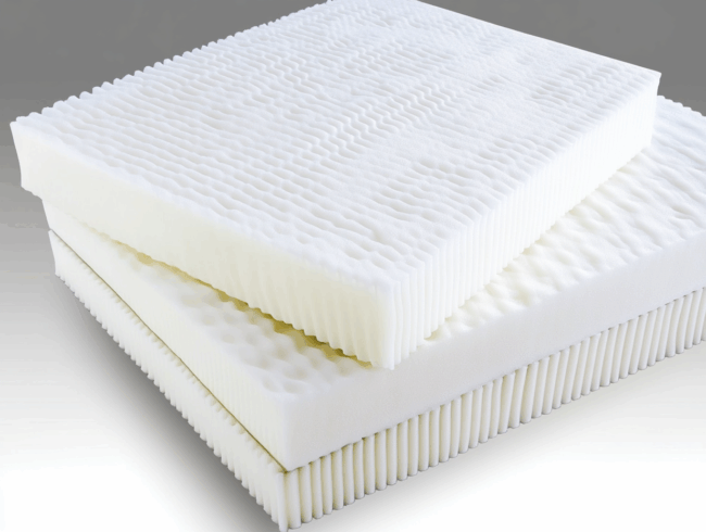 Zwei rechteckige Kaltschaum-Matratzenauflagen mit strukturierter Oberfläche sind übereinander gestapelt und zeigen ihr wellenförmiges, konturiertes Muster, das für Komfort und Halt sorgt, vor einem neutralgrauen Hintergrund.