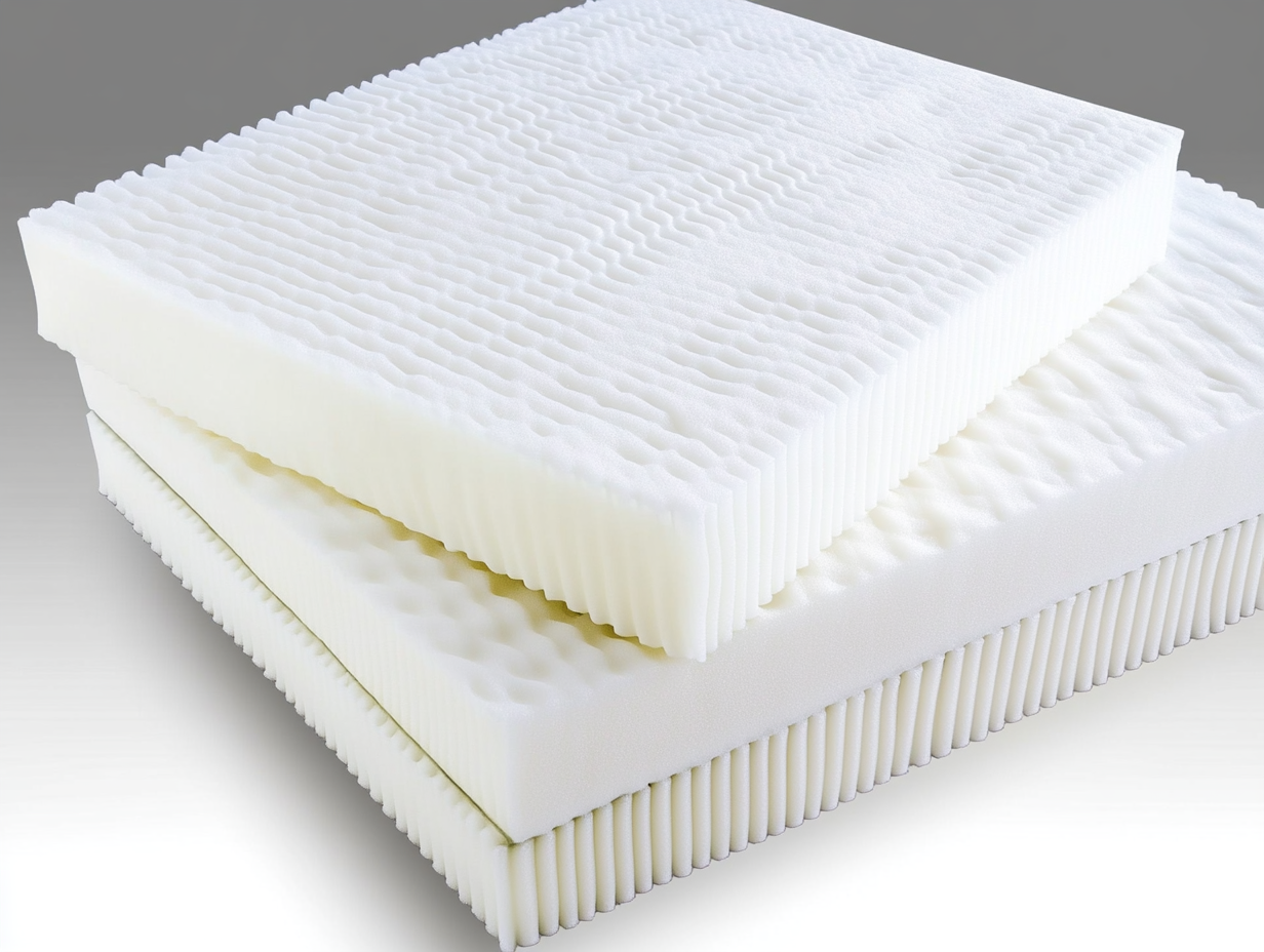 Zwei rechteckige Kaltschaum-Matratzenauflagen mit strukturierter Oberfläche sind übereinander gestapelt und zeigen ihr wellenförmiges, konturiertes Muster, das für Komfort und Halt sorgt, vor einem neutralgrauen Hintergrund.