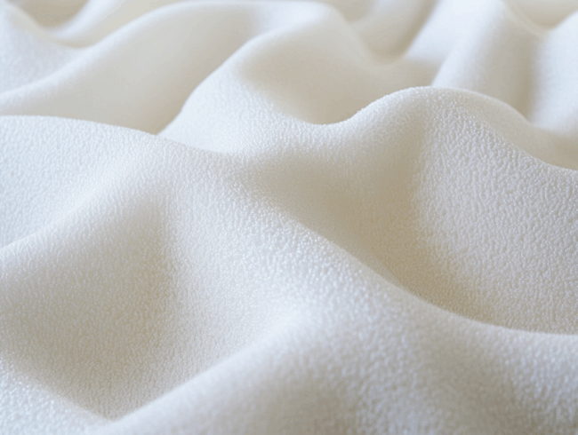 Nahaufnahme einer strukturierten, weißen, gewellten Oberfläche, die an weichen Polyurethanschaum erinnert, mit sanften Wellen und einer leicht rauen, kieseligen Textur.
