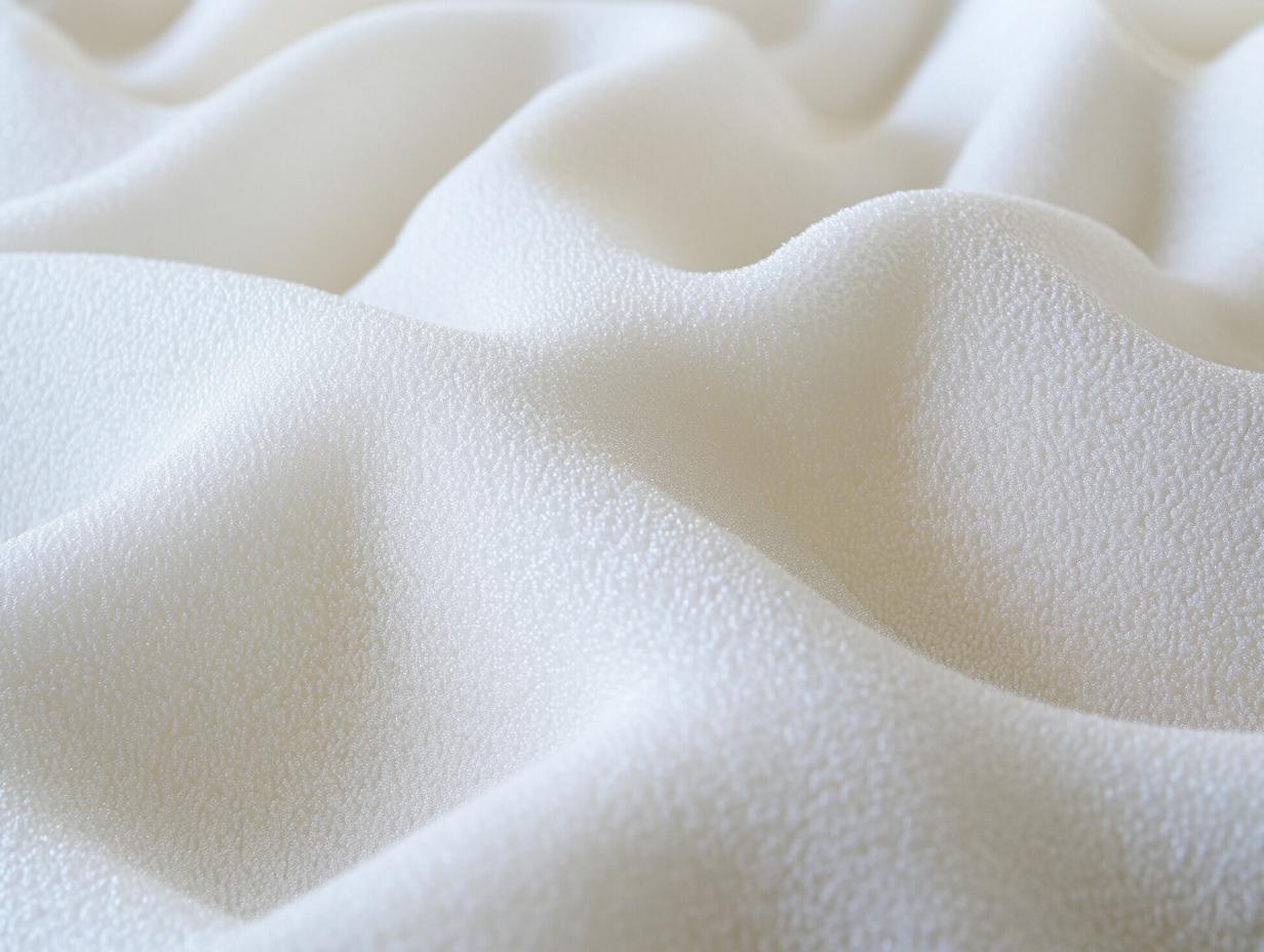 Nahaufnahme einer strukturierten, weißen, gewellten Oberfläche, die an weichen Polyurethanschaum erinnert, mit sanften Wellen und einer leicht rauen, kieseligen Textur.