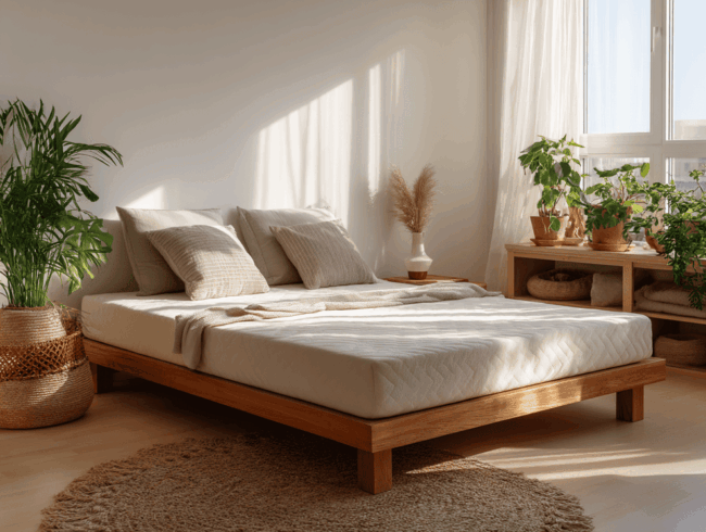 Ein sonnendurchflutetes Schlafzimmer mit einem niedrigen Holzbett, beigem Bettzeug, Kissen, einem gewebten Teppich und mehreren grünen Topfpflanzen auf dem Boden und einem Holzregal am Fenster, die eine gemütliche, natürliche Atmosphäre schaffen.