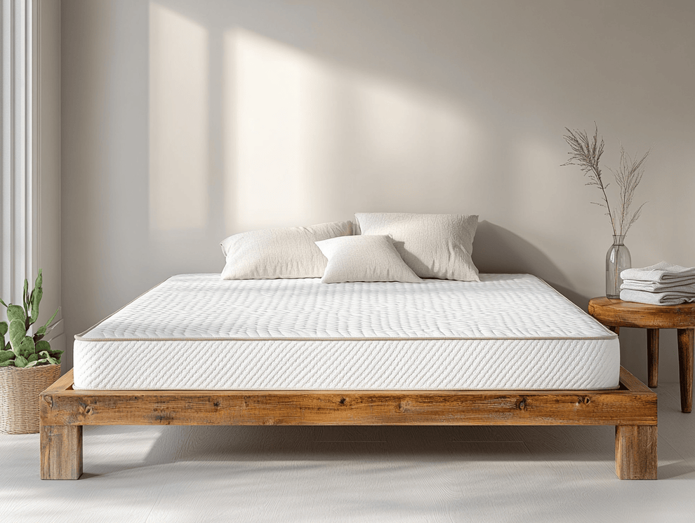 Ein minimalistisches Schlafzimmer mit einem Holzbettgestell, einer Matratze und drei weißen Kissen ist mit neutraler Bettwäsche ausgestattet. Inspiriert von den Empfehlungen der Stiftung Warentest steht links eine Topfpflanze, während rechts ein kleiner Tisch mit getrocknetem Gras in einer Vase an der beigen Wand steht.