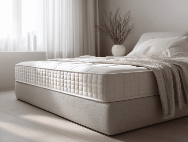 Ein ordentlich gemachtes Bett mit einer dicken, TÜV Rheinland-zertifizierten Steppmatratze und einer strukturierten beigen Decke in einem sanft beleuchteten, minimalistischen Schlafzimmer mit hellen Wänden, einer Vase mit Zweigen und transparenten Vorhängen.