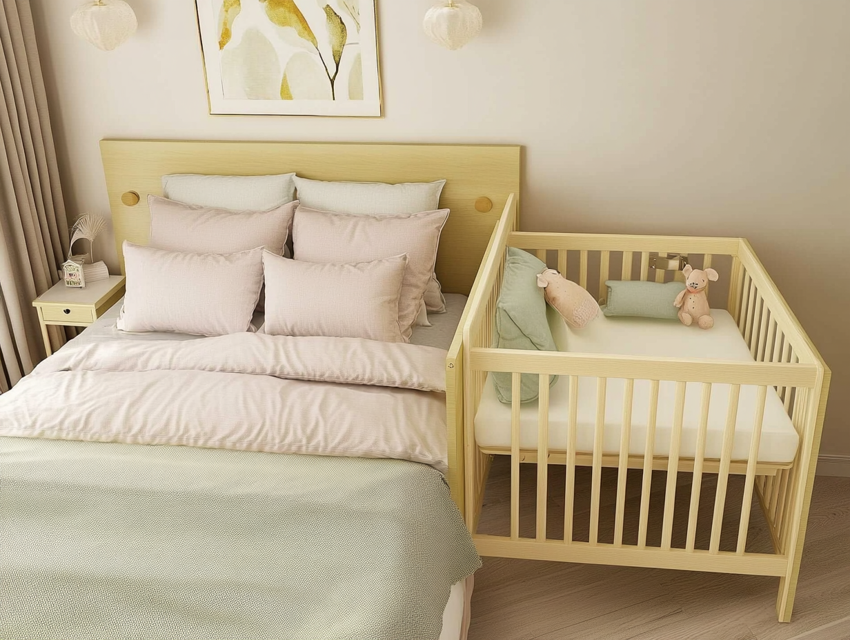 Ein gemütliches Schlafzimmer mit einem hübsch gemachten Bett neben einem hölzernen Beistellbett. Das Bett hat mehrere Kissen und helle Bettwäsche, während das Beistellbett mit Kissen, einem Plüschtier und weicher pastellfarbener Bettwäsche ausgestattet ist. Das Zimmer ist hell dekoriert.