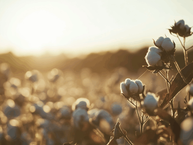 Nahaufnahme von Bio-Baumwollpflanzen auf einem Feld mit flauschigen weißen Baumwollkapseln an den Zweigen, gebadet in warmem, goldenem Sonnenlicht bei Sonnenaufgang oder Sonnenuntergang. Der Hintergrund ist sanft verschwommen.