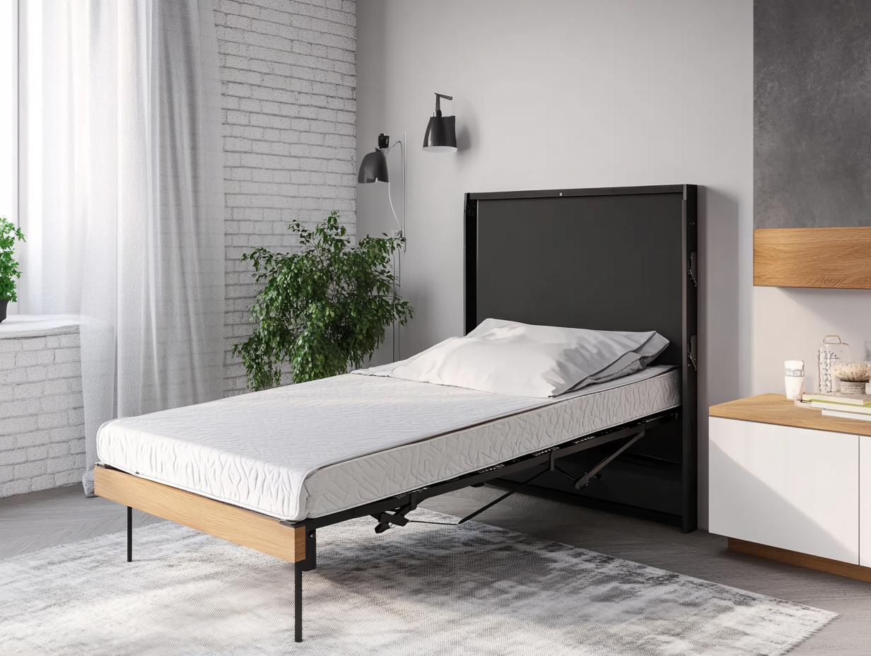 Ein modernes Klappbett wird in einem hellen, minimalistischen Schlafzimmer mit weißen Wänden, einer Topfpflanze, einem Teppich und eingebautem Stauraum aufgestellt. Über dem Bett hängt eine Wandleuchte, während das Sonnenlicht durch die transparenten Vorhänge fällt.