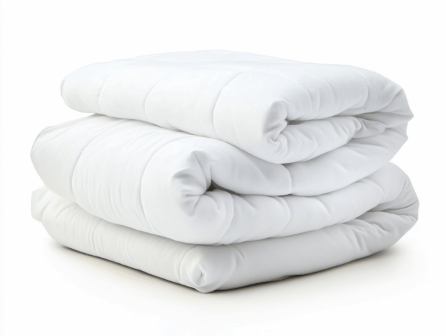 Eine fein säuberlich gefaltete, weiße, gesteppte Klimafaser-Bettdecke auf einem schlichten weißen Hintergrund.