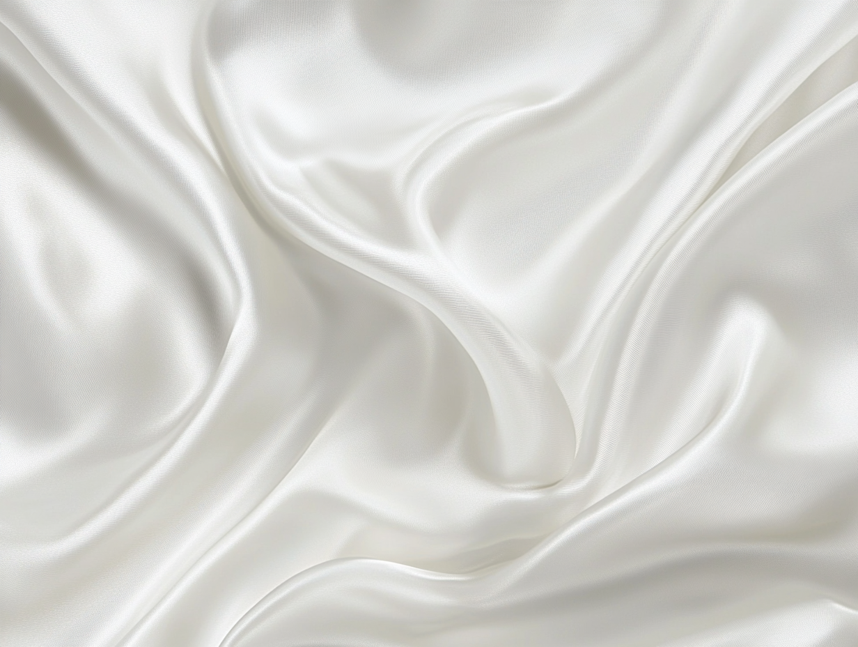 Glatter, glänzender weißer Satinstoff aus Lyocell mit sanften Falten und weichen, fließenden Kurven, die eine luxuriöse und elegante Textur erzeugen.