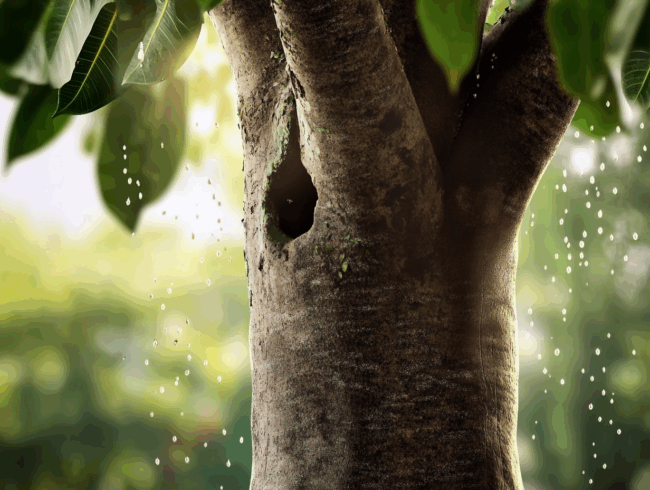 Nahaufnahme eines Baumstamms mit einer Vertiefung, umgeben von grünen Blättern und in Sonnenlicht getaucht. Kleine weiße Partikel schweben in der Luft und deuten auf natürliches Naturlatex hin, während der Hintergrund sanft mit üppigem grünen Laub verschwimmt.