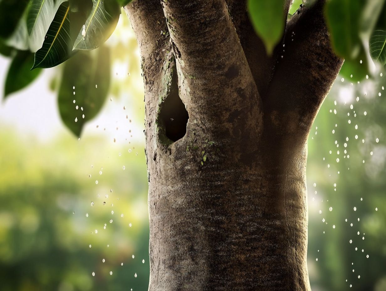 Nahaufnahme eines Baumstamms mit einer Vertiefung, umgeben von grünen Blättern und in Sonnenlicht getaucht. Kleine weiße Partikel schweben in der Luft und deuten auf natürliches Naturlatex hin, während der Hintergrund sanft mit üppigem grünen Laub verschwimmt.