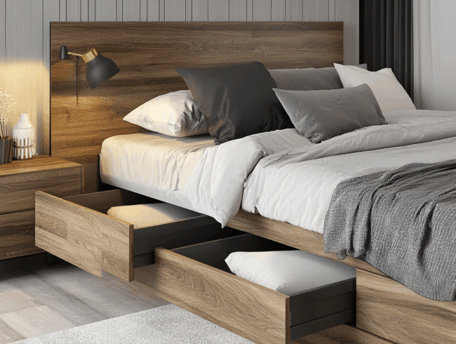 Ein modernes Stauraumbett aus Holz mit einem hohen Kopfteil, weißem und grauem Bettzeug und zwei ausgezogenen Schubladen unter dem Bett. Neben dem Bett steht ein Nachttisch mit einer Lampe und Blumen, der die gemütliche, minimalistische Raumgestaltung ergänzt.