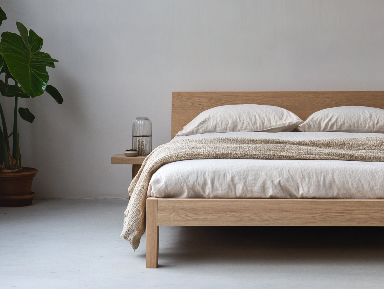 Ein minimalistisches Schlafzimmer mit einem Holzbett von Eichenholz, hellem Bettzeug, einer beigen Decke, einem Beistelltisch mit einer Glaslampe und einer großen Topfpflanze vor einer schlichten weißen Wand.