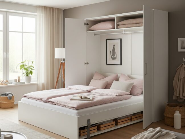 Ein modernes Schlafzimmer verfügt über ein weißes Schrankbett, das von einem Wandschrank heruntergezogen wird und mit hellrosa Bettwäsche und Kissen ausgestattet ist. In den Regalen über dem Bett sind die Decken ordentlich gefaltet, während ein großes Fenster den Raum mit natürlichem Licht durchflutet.