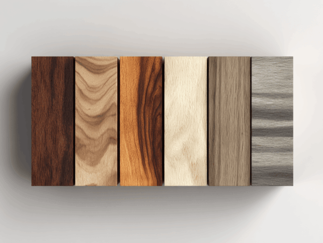 Sechs rechteckige Holzmuster mit unterschiedlichen Maserungen und Farben, die von dunkelbraun bis hellbeige und grau reichen, sind nebeneinander auf weißem Hintergrund angeordnet.