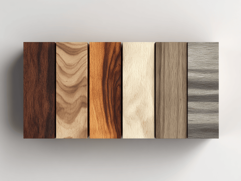 Sechs rechteckige Holzmuster mit unterschiedlichen Maserungen und Farben, die von dunkelbraun bis hellbeige und grau reichen, sind nebeneinander auf weißem Hintergrund angeordnet.