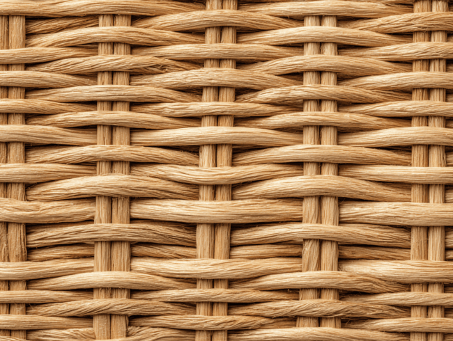 Nahaufnahme eines geflochtenen Korbs aus hellbraunen Rattanfasern, der ein kompliziertes Über-Unter-Flechtmuster mit sichtbarer Maserung und leichten Farbunterschieden im Material zeigt.