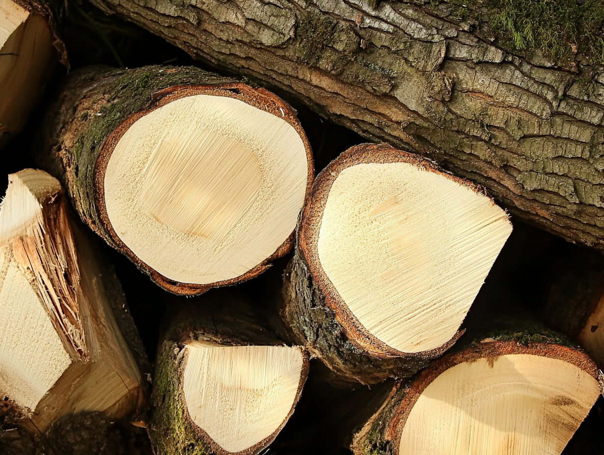 Frisch gefällte Eschenholzstämme mit sichtbarer heller Holzmaserung und rauer Rinde, die teilweise grüne Moosflecken aufweist. Die Erlenholzstämme sind dicht aneinandergereiht, wodurch ihr kreisförmiger Querschnitt hervorgehoben wird.