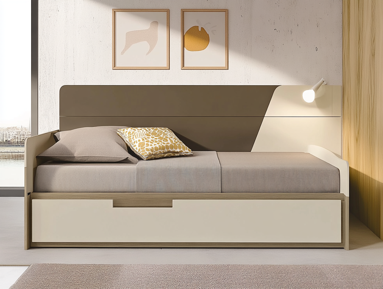 Ein modernes Jugendbett in beige und Cappuccino Tönen