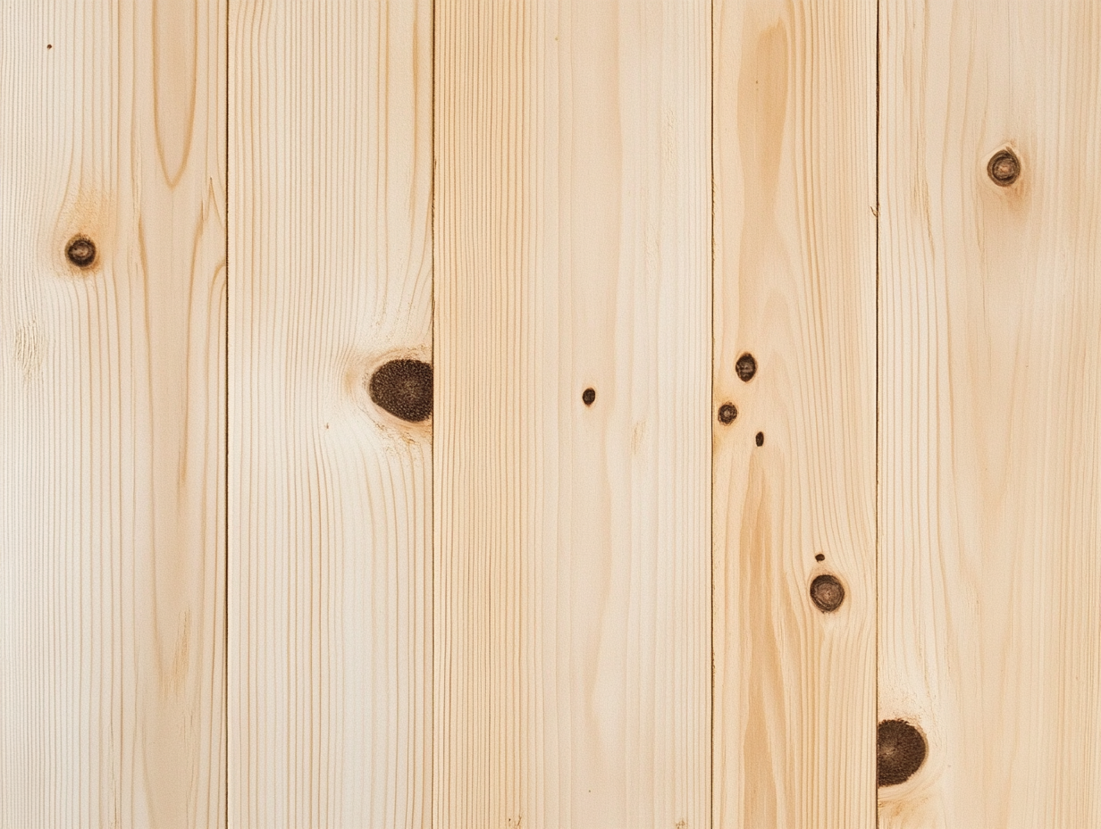 Helle Kiefernholzdielen mit sichtbarer natürlicher Maserung und Ästen sind vertikal angeordnet. Die glatte, saubere Holzoberfläche weist deutliche Linien und unterschiedlich große dunkle Äste auf.