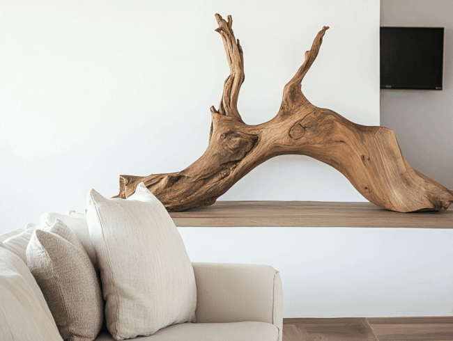 Ein moderner Wohnbereich mit einem hellbeigen Sofa und strukturierten Kissen, in dem ein großes, geschwungenes Stück Treibholz auf einem Nussbaumholzregal vor einer weißen Wand steht. An der Wand im Hintergrund ist ein kleiner Fernseher montiert.