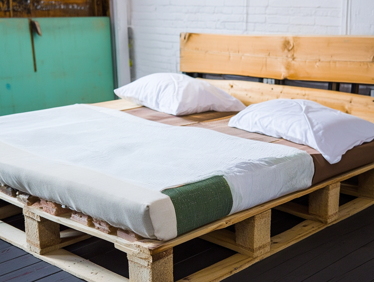 Ein Palettenbett mit einem Holzpalettenrahmen, einer Matratze, weißen Laken und zwei weißen Kissen steht vor einer weißen Backsteinwand in einem minimalistischen Raum.