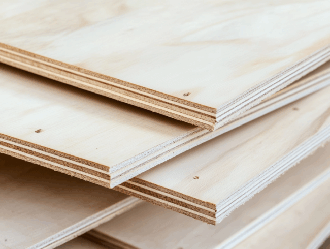 Mehrere übereinander gestapelte Platten aus hellem Schichtholz werden aus der Nähe gezeigt, wodurch ihr schichtweiser Aufbau und ihre glatten Oberflächen hervorgehoben werden.