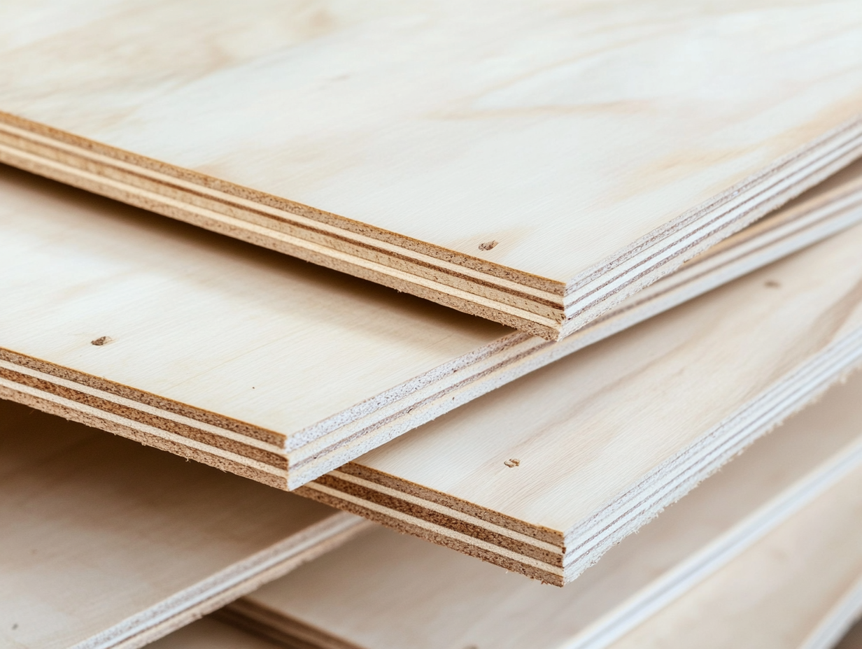 Mehrere übereinander gestapelte Platten aus hellem Schichtholz werden aus der Nähe gezeigt, wodurch ihr schichtweiser Aufbau und ihre glatten Oberflächen hervorgehoben werden.