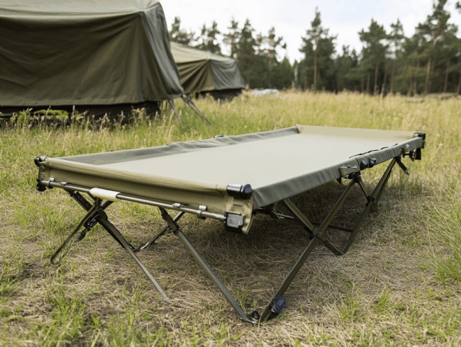 Ein grünes, faltbares Feldbett ist auf einer Wiese vor mehreren grünen Militärzelten aufgebaut, mit Bäumen im Hintergrund unter einem bewölkten Himmel.