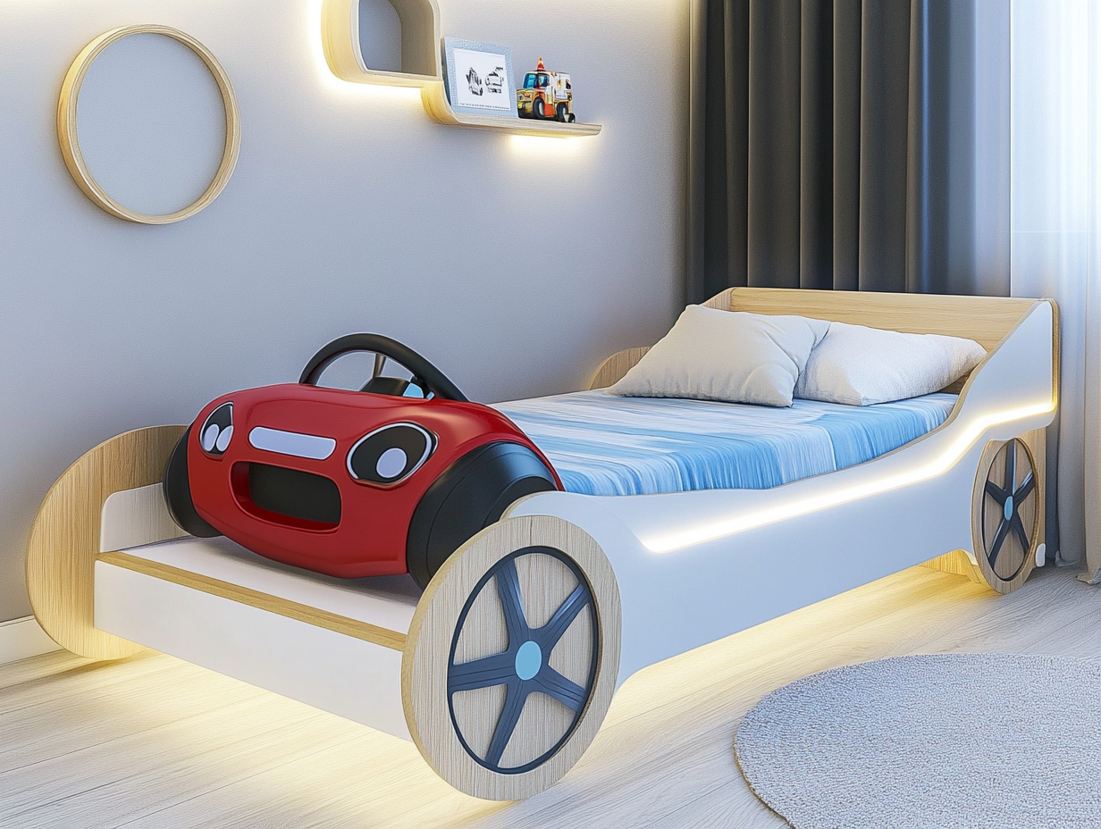 Ein verspieltes Kinderzimmer mit einem weißen Kinderbett in Form eines Autos mit Holzakzenten, blau gestreifter Bettwäsche, einem großen Spielzeugauto auf dem Bett und Regalen mit Spielzeug vor einer hellgrauen Wand.