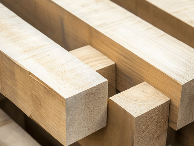 Nahaufnahme von mehreren ordentlich gestapelten Vollholz-Leichtholzbalken mit glatter Oberfläche, die ihre Maserung, ihre geraden Kanten und ihre quadratischen Enden zeigen, die in einem überlappenden Muster angeordnet sind.