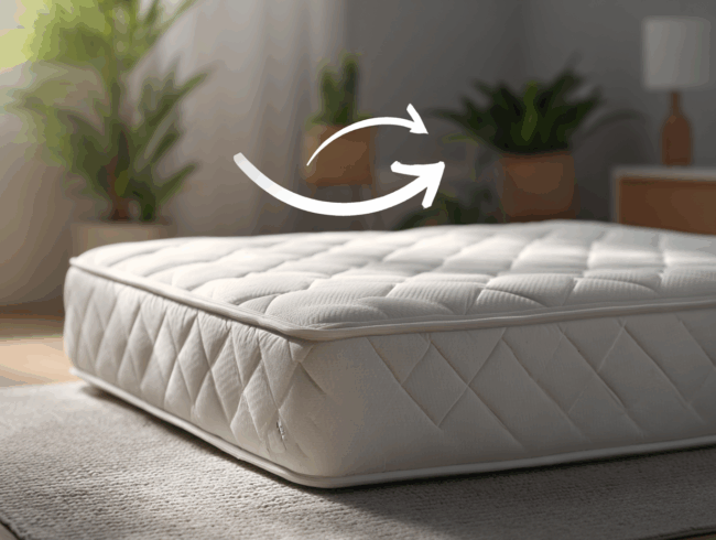 In einem hellen Schlafzimmer mit weißer, gesteppter Oberfläche liegt eine Komfortschaummatratze auf dem Boden. Zwei geschwungene Pfeile darüber deuten das Drehen oder Wenden an. Grüne Pflanzen und sanftes Sonnenlicht erhellen den gemütlichen Raum.