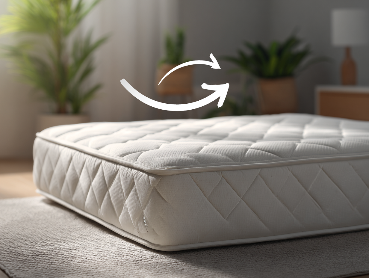 In einem hellen Schlafzimmer mit weißer, gesteppter Oberfläche liegt eine Komfortschaummatratze auf dem Boden. Zwei geschwungene Pfeile darüber deuten das Drehen oder Wenden an. Grüne Pflanzen und sanftes Sonnenlicht erhellen den gemütlichen Raum.