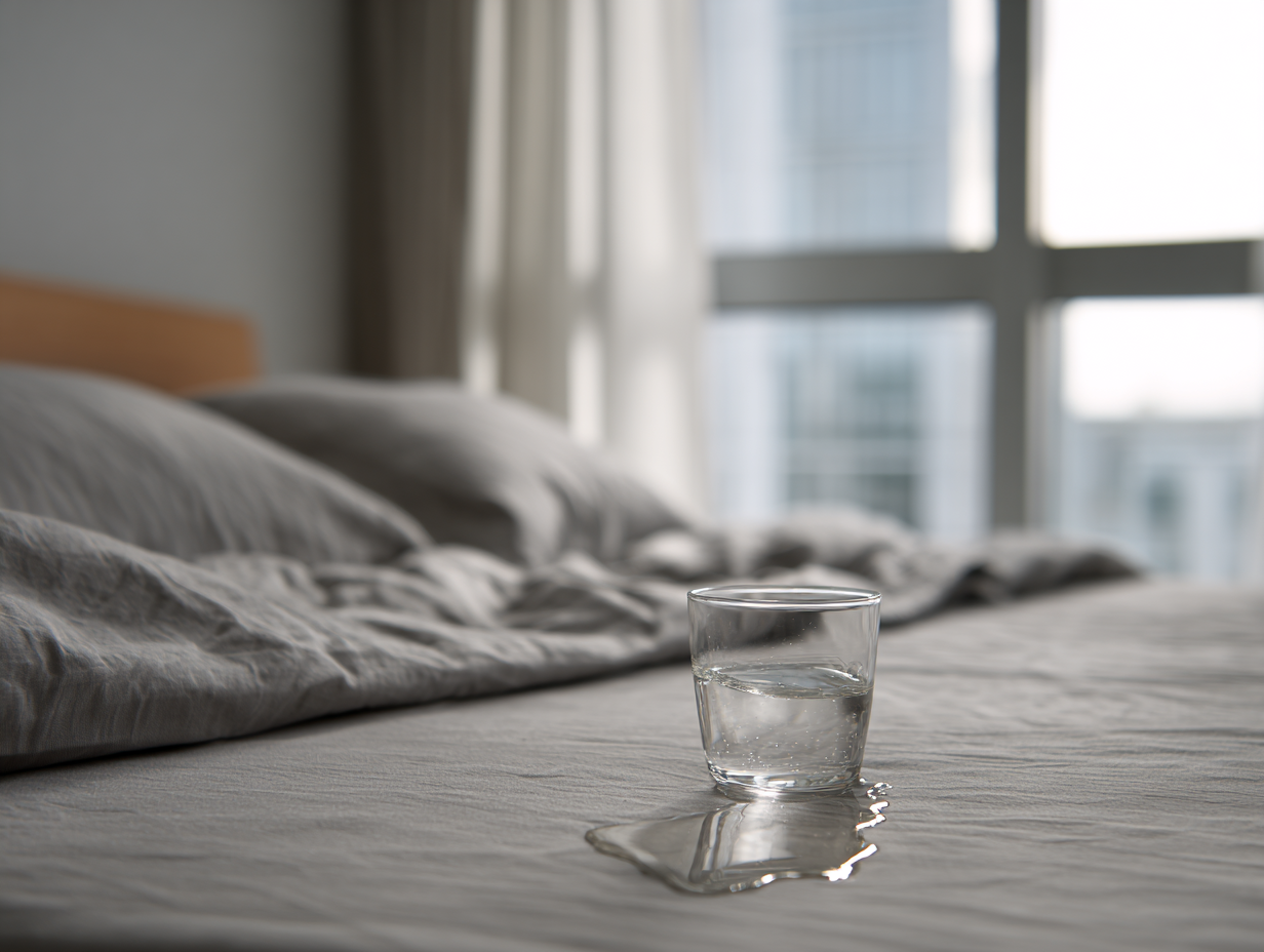Ein klares Glas Wasser steht auf einem zerknitterten Bett mit grauen Laken, das auf das Bettzeug verschüttet wird - was die Notwendigkeit einer Feuchtigkeitsregulierung unterstreicht. Das Tageslicht aus einem großen Fenster erhellt sanft den gemütlichen Raum.
