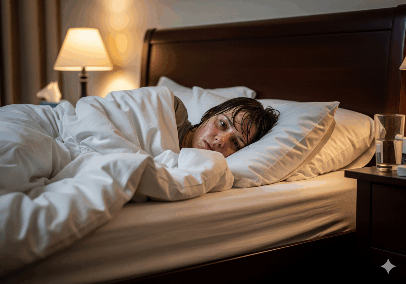 Eine Person liegt unter weißen Decken im Bett, wirkt wach und nachdenklich und genießt die Punktelastizität ihrer Matratze. In dem sanft beleuchteten Schlafzimmer stehen eine Lampe und ein Glas Wasser auf dem Nachttisch.