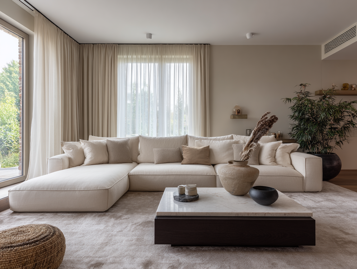 Ein modernes Wohnzimmer mit einem großen cremefarbenen, mit Kissen gefüllten Sektionssofa, einem niedrigen Couchtisch mit dekorativen Vasen, hellen Vorhängen an hohen Fenstern und einer gemütlichen Wendematratze, alles in beruhigenden Neutraltönen.