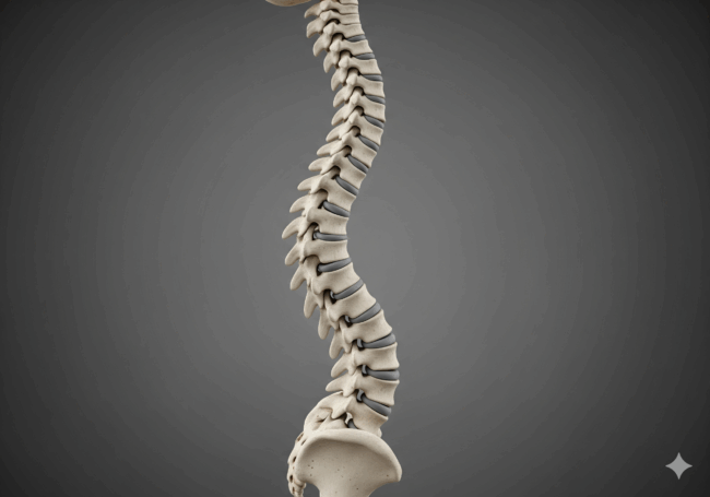 Ein 3D-gerendertes Bild einer menschlichen Wirbelsäule mit einer ausgeprägten Doppel-s-Form der Wirbelsäule, die eine Skoliose deutlich vor einem einfarbig grauen Hintergrund zeigt.