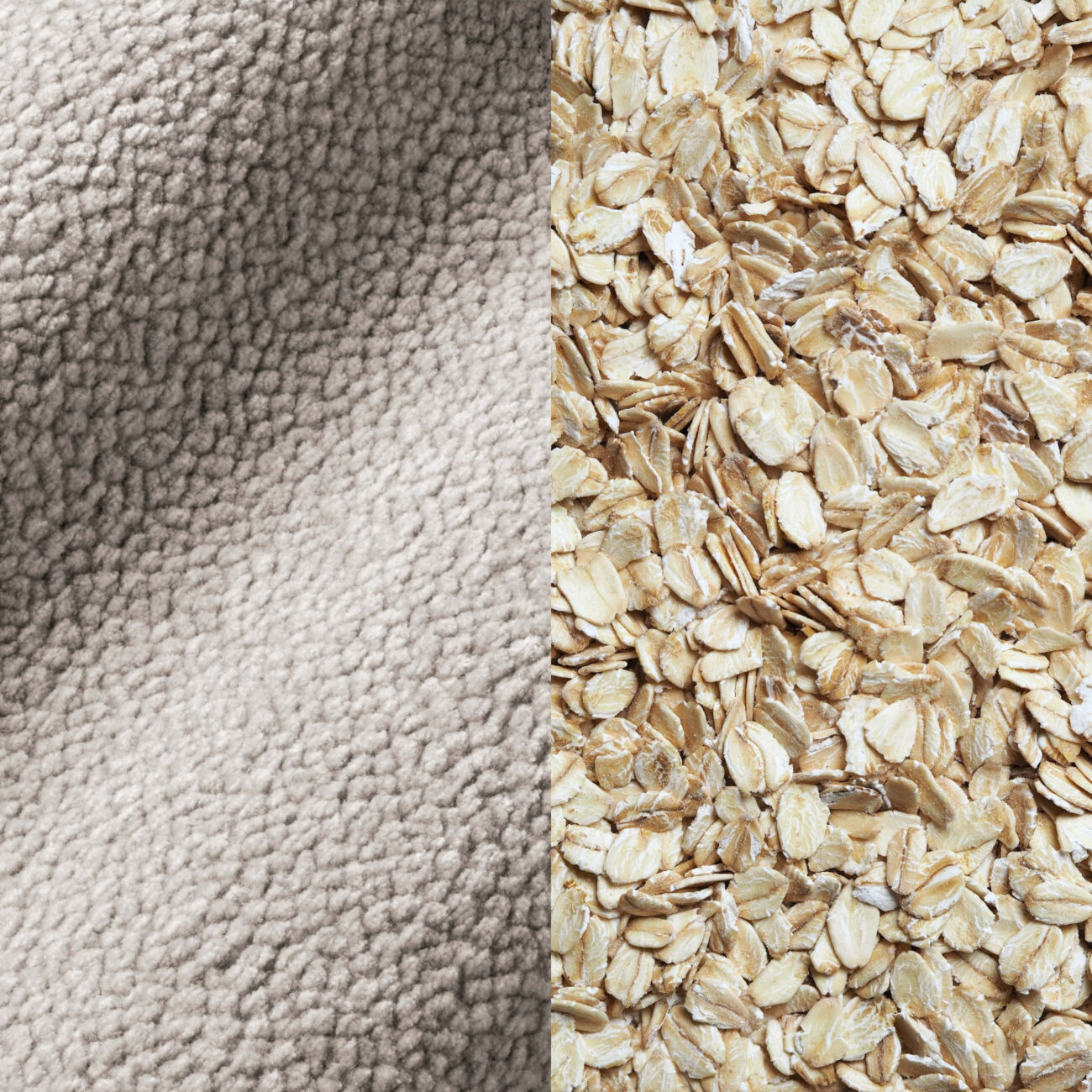 CB-HW Eine vertikal geteilte Nahaufnahme: Auf der linken Seite ist ein weicher, hellgrauer Vliesstoff zu sehen, auf der rechten Seite ein Haufen ungekochter Haferflocken.
