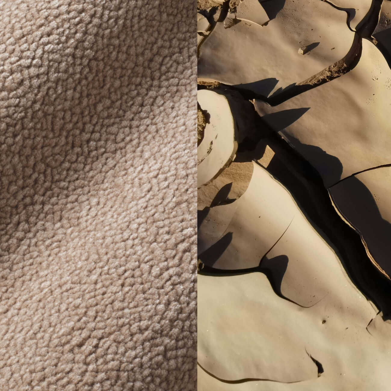 CB-LB Geteiltes Bild: Die linke Seite zeigt einen weichen, strukturierten beigen Vliesstoff; die rechte Seite zeigt rissige, trockene Erde in ähnlichen Beigetönen, wodurch ein visueller Vergleich zwischen den beiden Oberflächen entsteht.