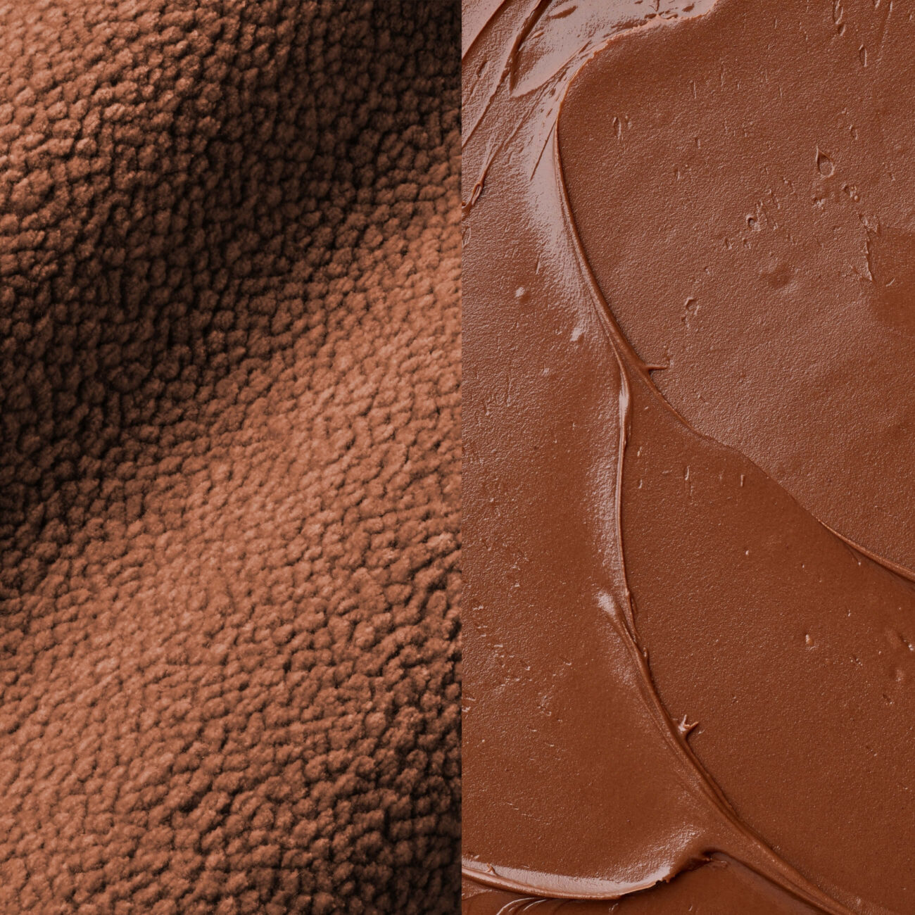 CB-NB Ein geteiltes Bild, das auf der linken Seite einen strukturierten braunen Stoff zeigt, der an Vlies erinnert, und auf der rechten Seite einen glatten, cremigen Schokoladenaufstrich, beide in ähnlichen Brauntönen.