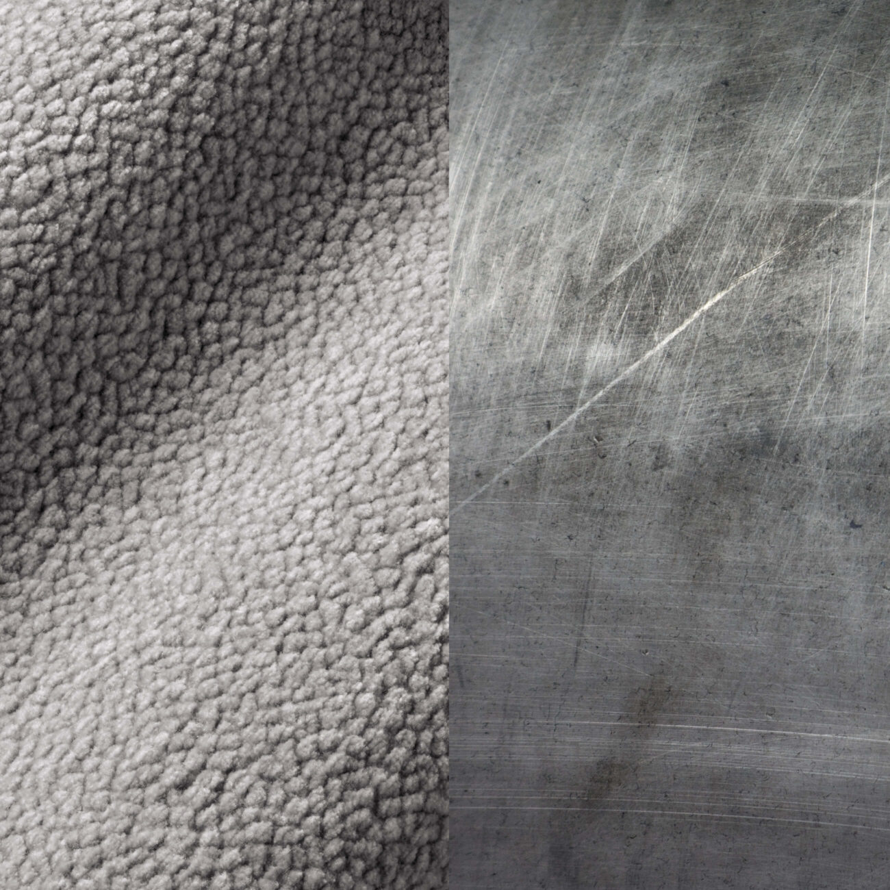 CB-SG Eine zweigeteilte Nahaufnahme: Die linke Seite zeigt einen weichen, strukturierten grauen Vliesstoff, die rechte Seite eine zerkratzte, abgenutzte Metalloberfläche.