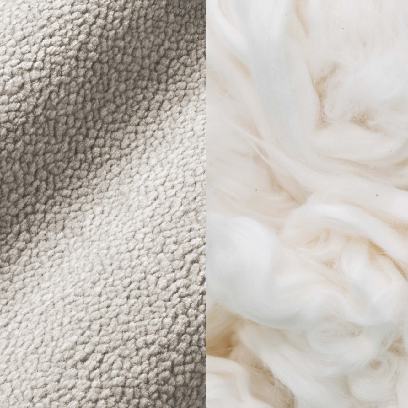 CB-WW Eine Nahaufnahme zweier Texturen nebeneinander: links ein weicher, hellgrauer Fleecestoff und rechts flauschige, weiße Wollfasern.