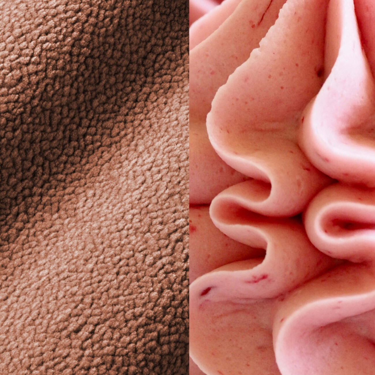 CB-ZR Ein geteiltes Bild: Die linke Seite zeigt einen weichen, braunen Vliesstoff mit einer strukturierten Oberfläche, die rechte Seite zeigt eine rosa, gewirbelte Glasur mit einem glatten, cremigen Aussehen.