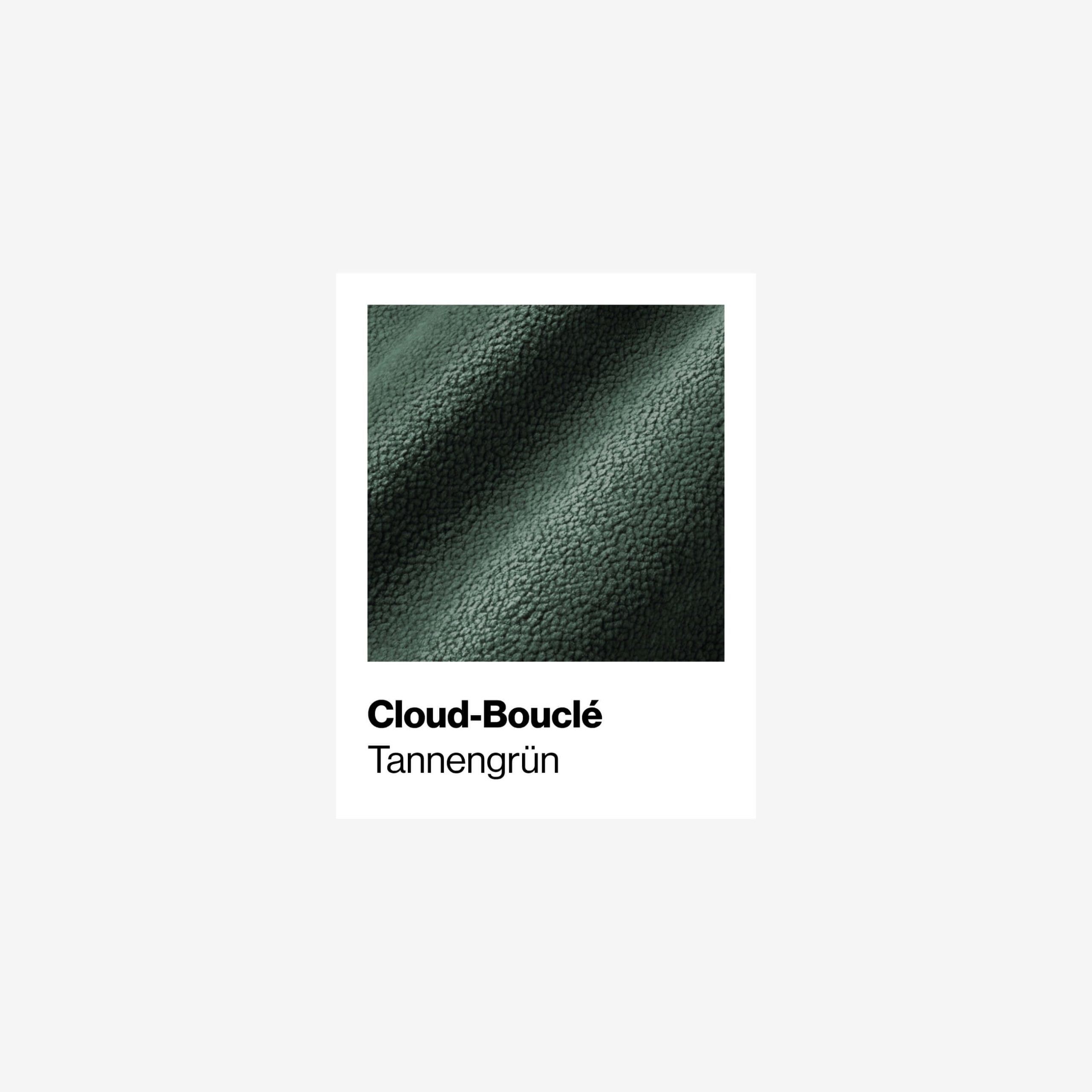 Nahaufnahme eines strukturierten, dunkelgrünen Bouclé-Stoffes mit der fettgedruckten Aufschrift Cloud-Bouclé und der darunter liegenden Aufschrift Tannengrün auf weißem Hintergrund.