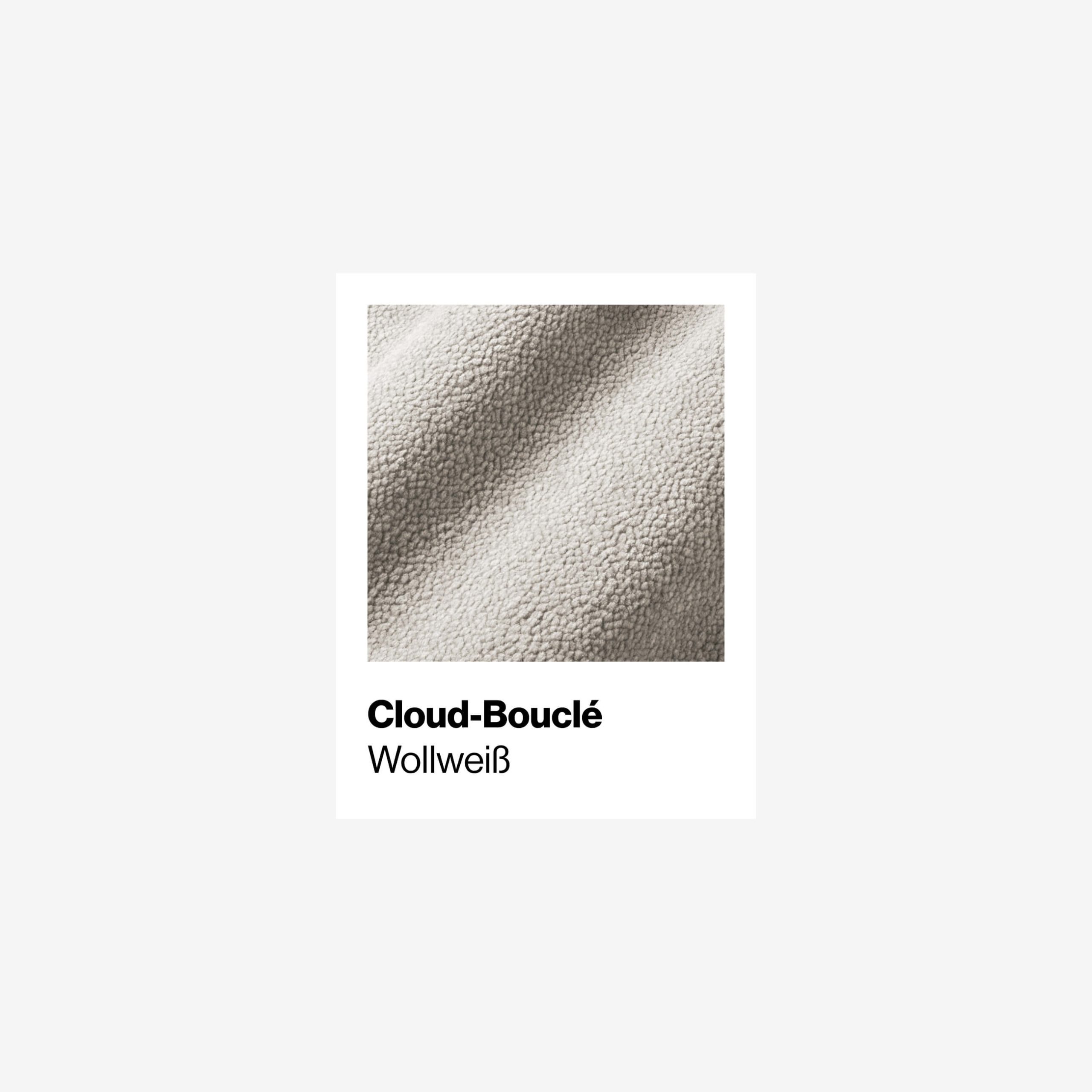 Eine Nahaufnahme eines hellbeigen, strukturierten Cloud-Bouclé-Stoffes mit der Aufschrift Wollweiß auf weißem Hintergrund. Der Text ist in fetter und regelmäßiger Schrift unterhalb des Stoffbildes angebracht.