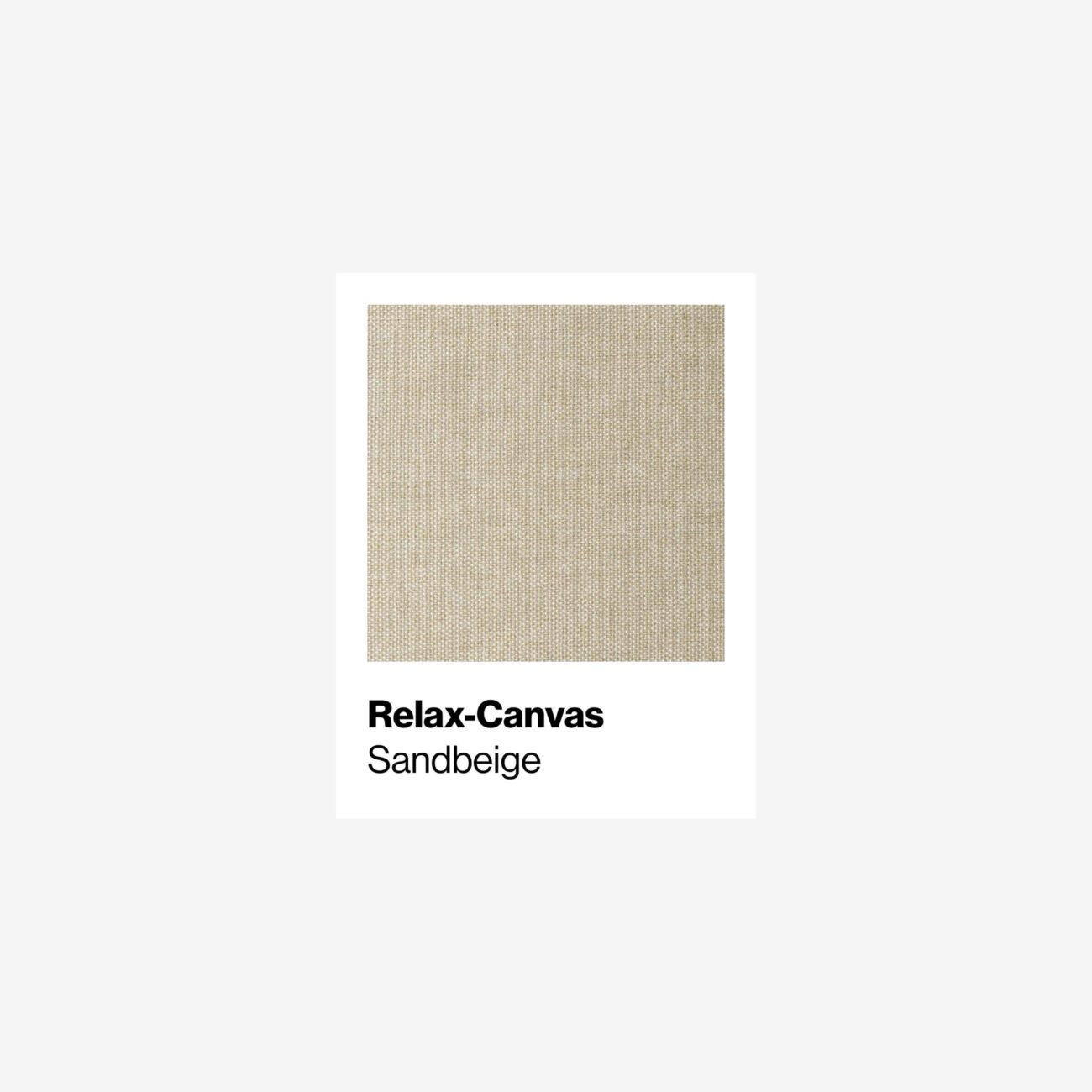 Muster-RC-SB Ein Stoffmuster von Relax-Canvas in der Farbe Sandbeige mit dem Namen unter dem quadratischen Stoffmuster.