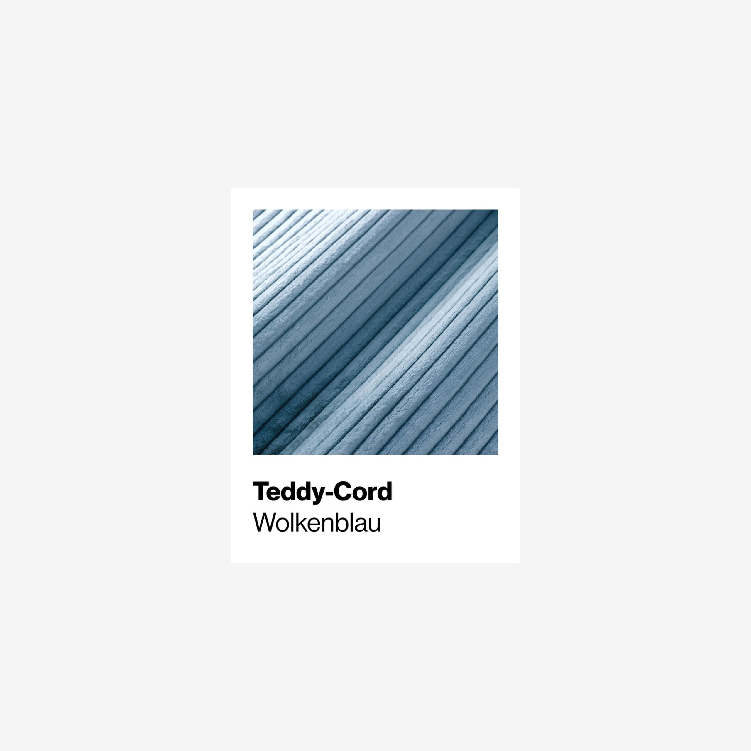 Nahaufnahme eines hellblauen Kordstoffs mit gerippter Struktur; unter dem Bild steht der Text "Teddy-Cord Wolkenblau" auf weißem Hintergrund.