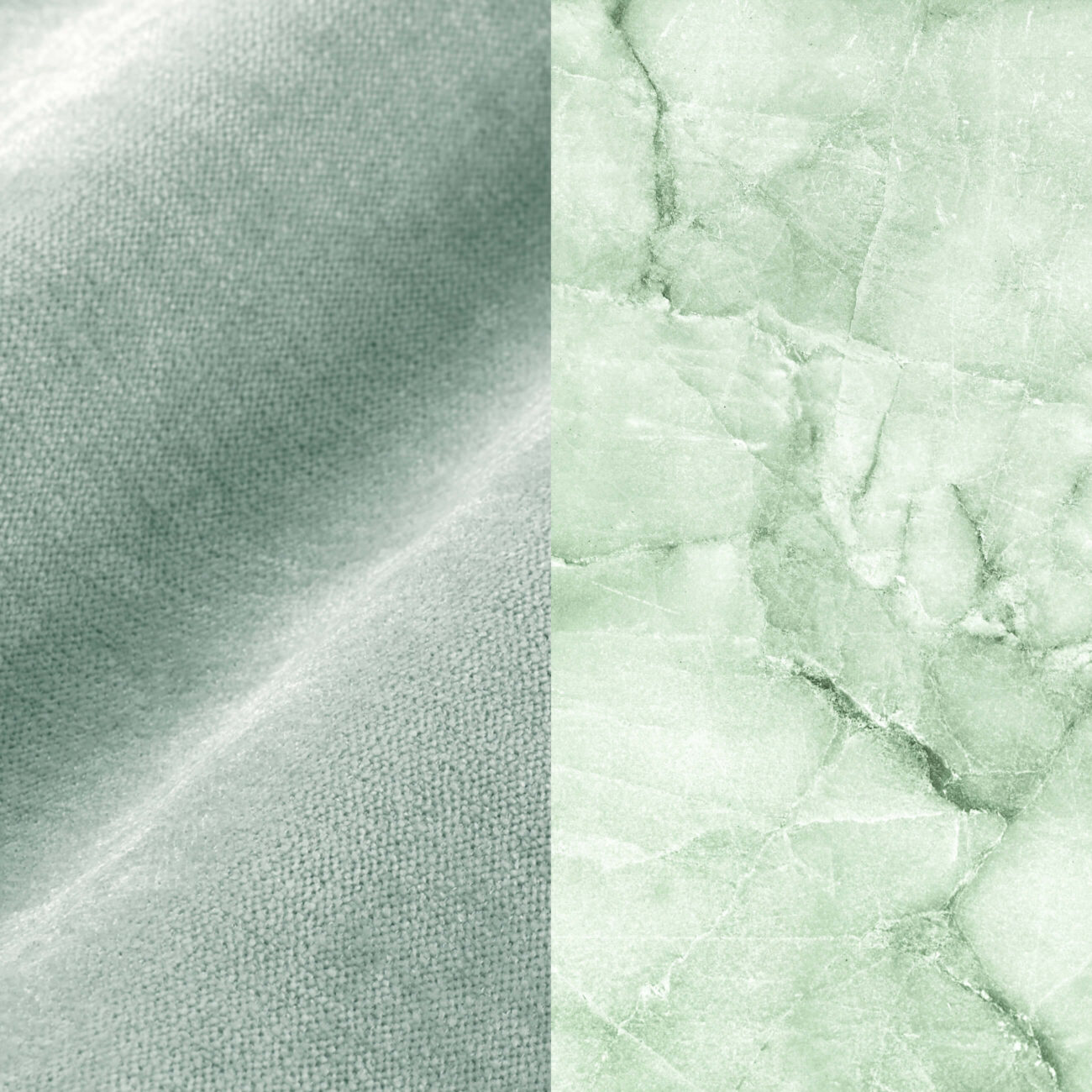 SC-JG Geteiltes Bild mit zwei Texturen: Die linke Seite zeigt einen weichen, blassgrünen Stoff mit sichtbarer Bindung und sanften Falten, während die rechte Seite glatten, hellgrünen Marmor mit natürlichen weißen Adern zeigt.