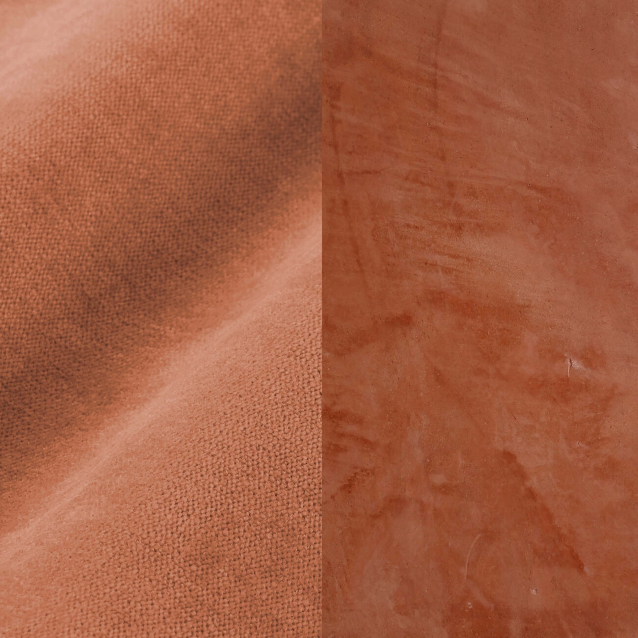 SC-TO Nahaufnahme zweier nebeneinander liegender Oberflächen: links ein strukturierter, gewebter orangefarbener Stoff mit sichtbaren Fasern, rechts ein glatter orangefarbener Stoff mit dezentem Glanz und unregelmäßigen Schlieren.