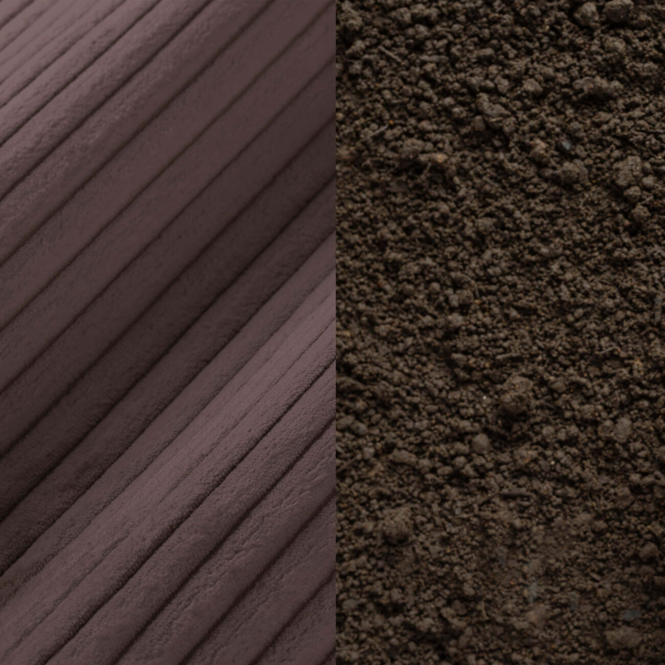 TC-EB Ein geteiltes Bild, das zwei Texturen zeigt: Die linke Seite hat glatte, diagonale Rillen, die an Wildleder oder Samtstoff erinnern, während die rechte Seite raue, unebene, dunkelbraune Erde aufweist.